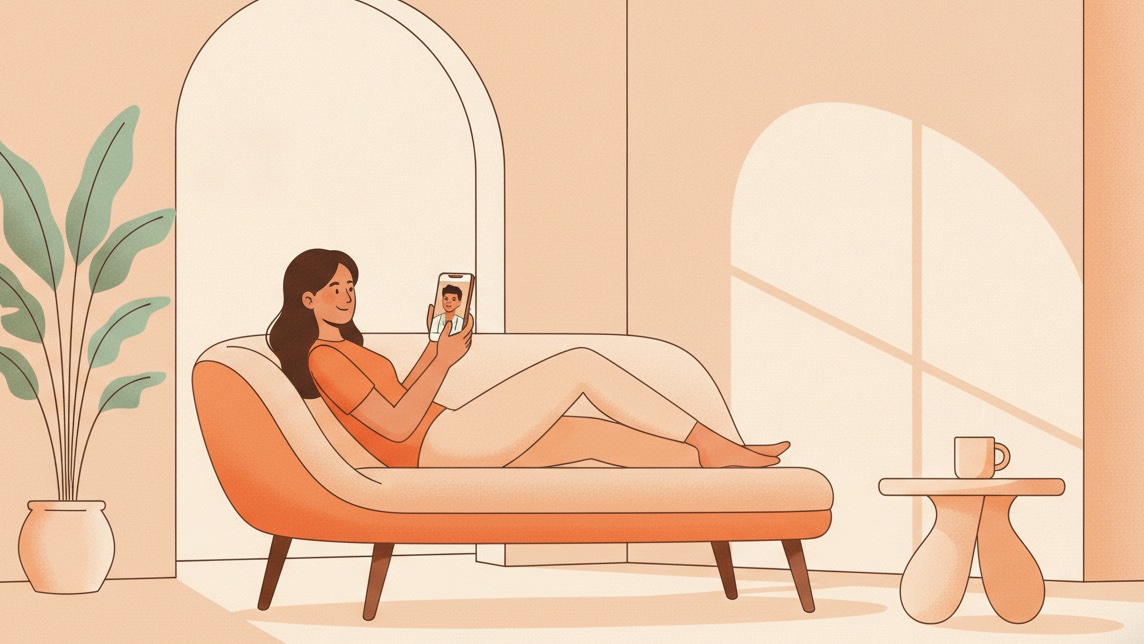 Ilustração de uma mulher em casa, no sofá, numa consulta por videochamada com o médico no telemóvel